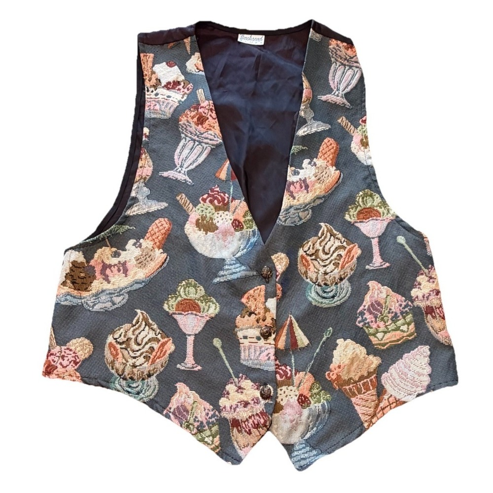 Vintage Backroad Blues Tapestry Vest Ice Cream Dessert Print Womens Size Small?